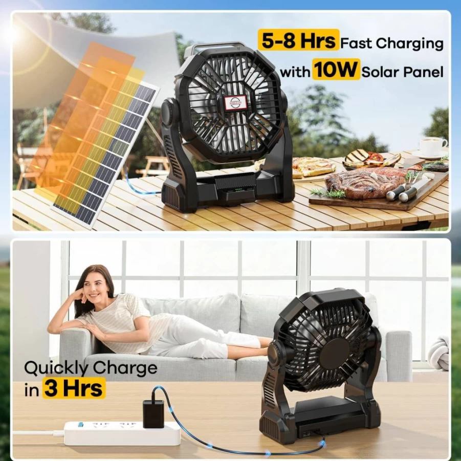 Art In Real 10W Solar Rechargeable Camping Fan with LED Lantern - 20000mAh Portable Outdoor Fan for Picnic, BBQ, Fishing, Travel, Hurricane Supplies