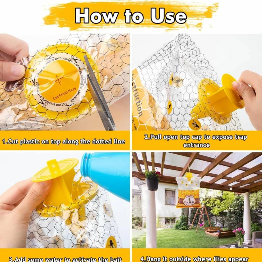 Dwcom Trap Outdoor Hanging Fly Trap - 6 Pack Disposable Wasp & Mosquito Catcher for Ranch, Yard, Garden - Effective Bug Control for Carpenter Bees, Yellow Jackets, and Flies