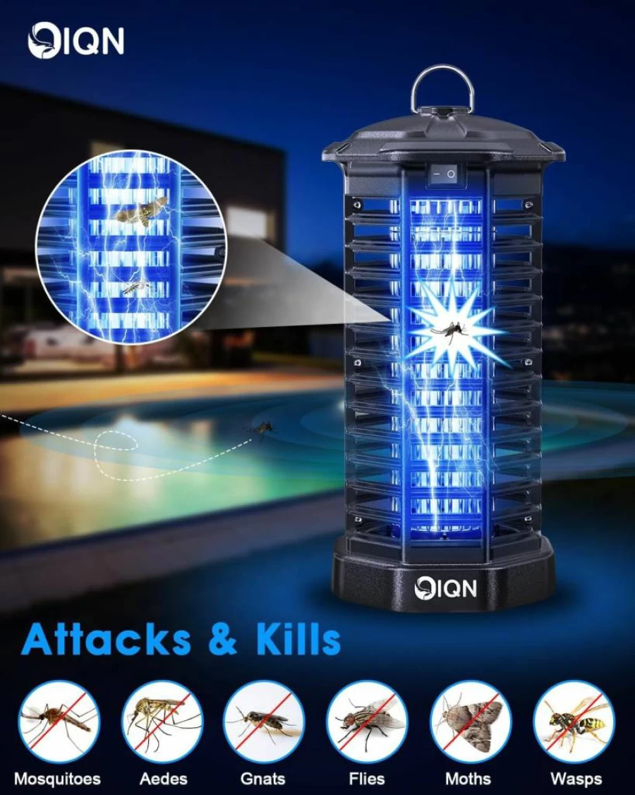 IQN 15W Electric Bug Zapper for Indoor & Outdoor Use - 4200V Mosquito Killer with UV Light, On/Off Switch - Fly Trap for Kitchen, Patio, Backyard (Black)