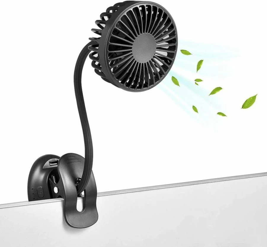 Glovion Clip On USB Mini Desk Fan - Portable Rechargeable Fan with Flexible Neck, 3 Speed Settings, Emergency Power Bank for Baby Stroller, Car, Office, Camping, Dorm, Beach - Black