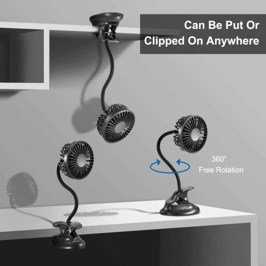 Glovion Clip On USB Mini Desk Fan - Portable Rechargeable Fan with Flexible Neck, 3 Speed Settings, Emergency Power Bank for Baby Stroller, Car, Office, Camping, Dorm, Beach - Black
