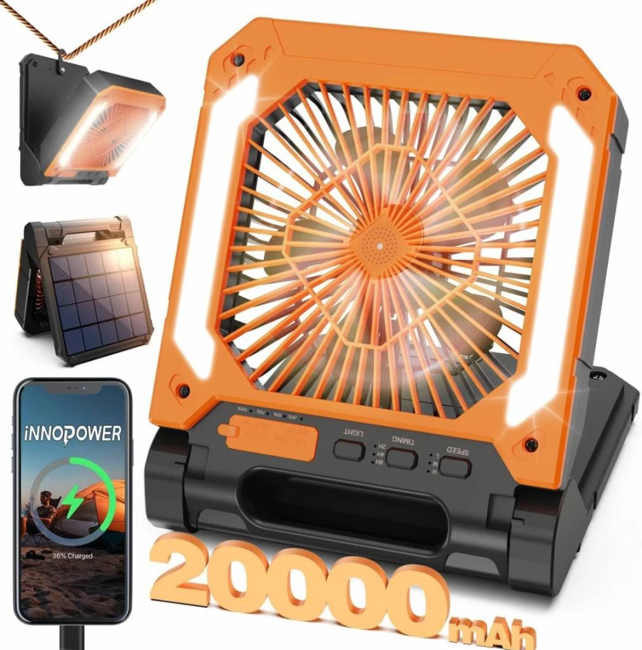 Innopower 20000mAh Solar Rechargeable Portable Fan with LED Lantern, 3 Speeds, USB-C, Timer, Quiet Cordless Battery Operated Fan for Travel, Camping, Office, Home, Bedroom (Green)