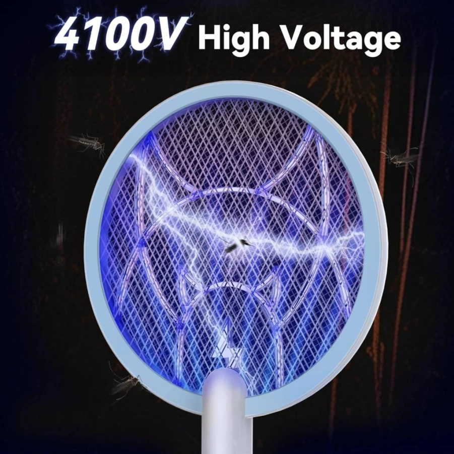 Nymrix Electric Fly Swatter - 4100V Mosquito Zapper Racket with Rechargeable 1800mAh Battery, Purple LED Light & 3-Layer Safety Mesh for Indoor/Outdoor Use - Handheld Bug Killer (Blue)
