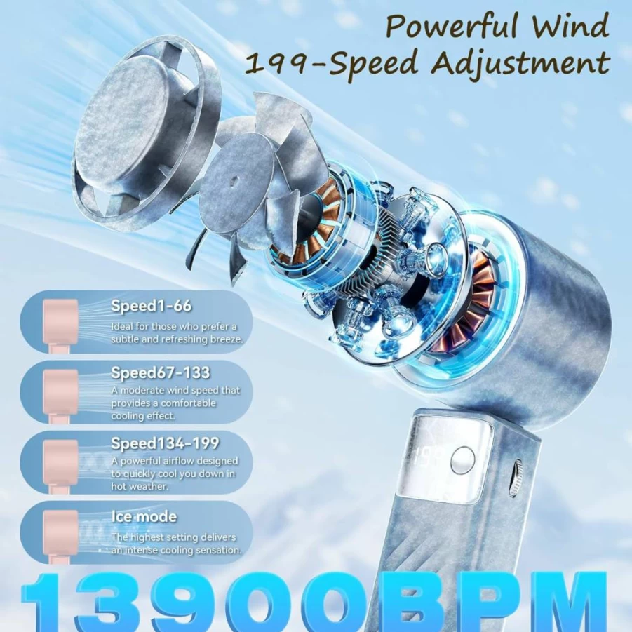 UPDEI Portable Handheld Fan - USB Rechargeable Foldable Mini Fan with 199 Speed Settings, LED Display, Lightweight for Travel, Beach, Camping | Summer Cooling Gift for Women & Men