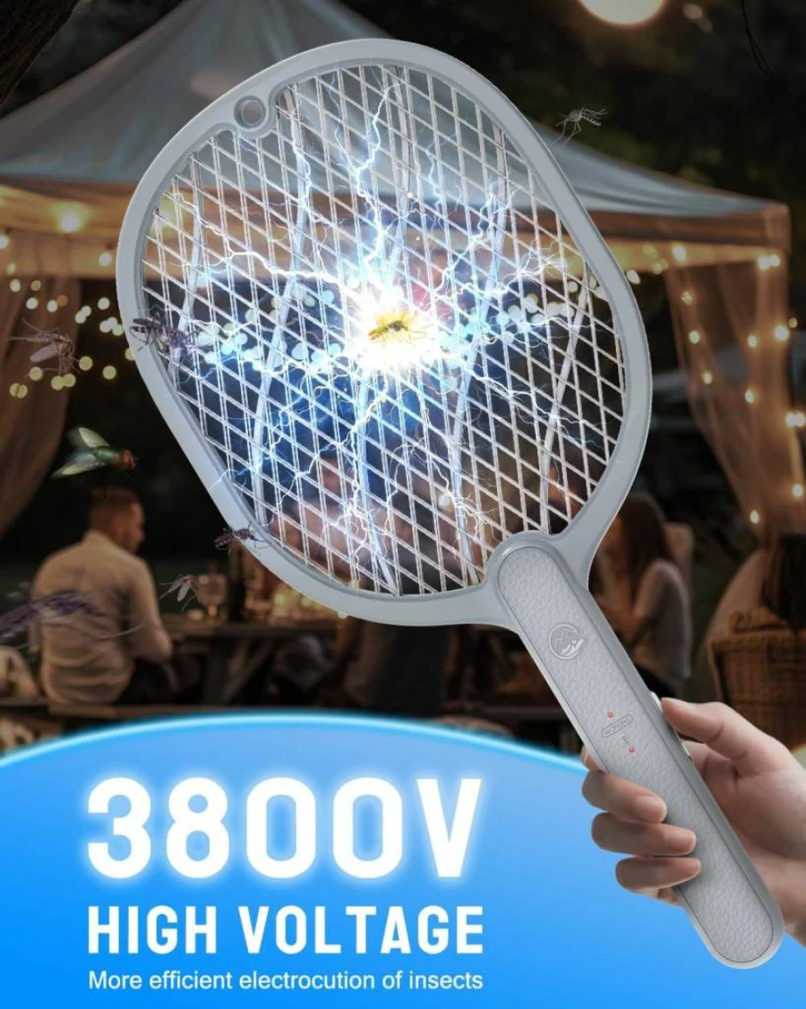 Mosiller Electric Fly Swatter - 3800V Rechargeable Mosquito Zapper with Type-C, 3-Layer Safety Mesh for Indoor & Outdoor Use, Lightweight & Easy to Use (1 Pack)