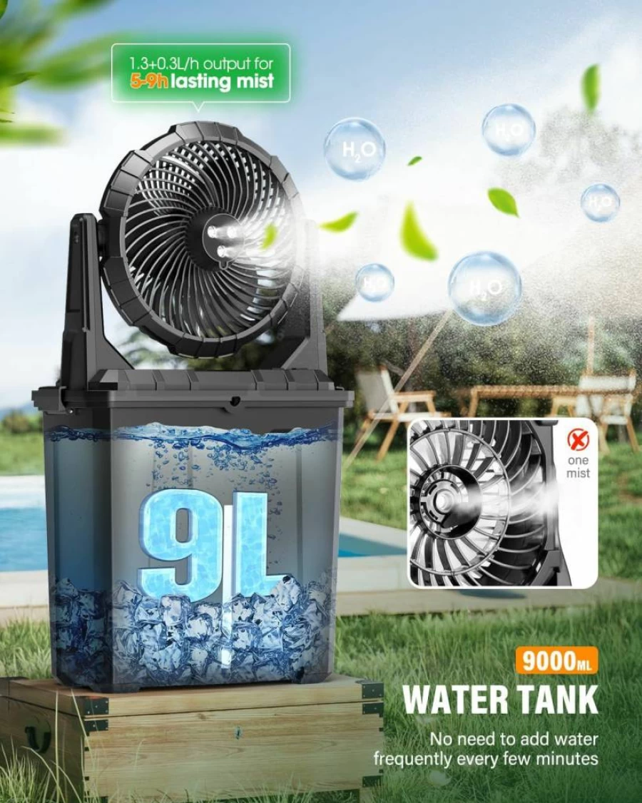 Ausic 10In Portable Misting Fan with 20000mAh Battery - 3 Speed Settings, 3 Spray Nozzles for Outdoor, Camping, Patio, Golf, Tent, and Office Use