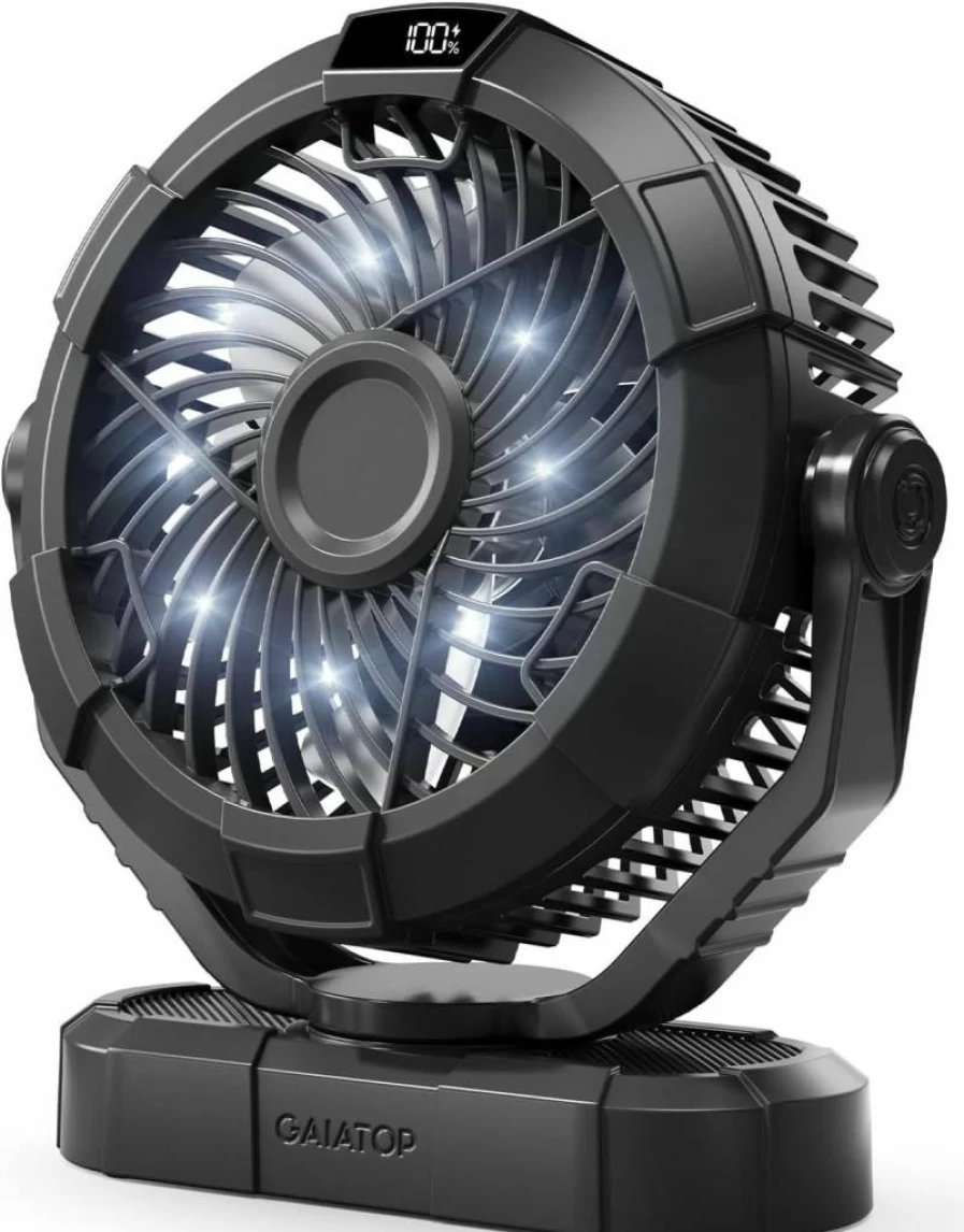 Gaiatop 4000mAh Rechargeable Camping Fan with LED Lantern, 360° Adjustable Head, 3 Speed Quiet USB Fan for Tent, Indoor Outdoor Travel, Portable Hanging Fan with Power Display - Black