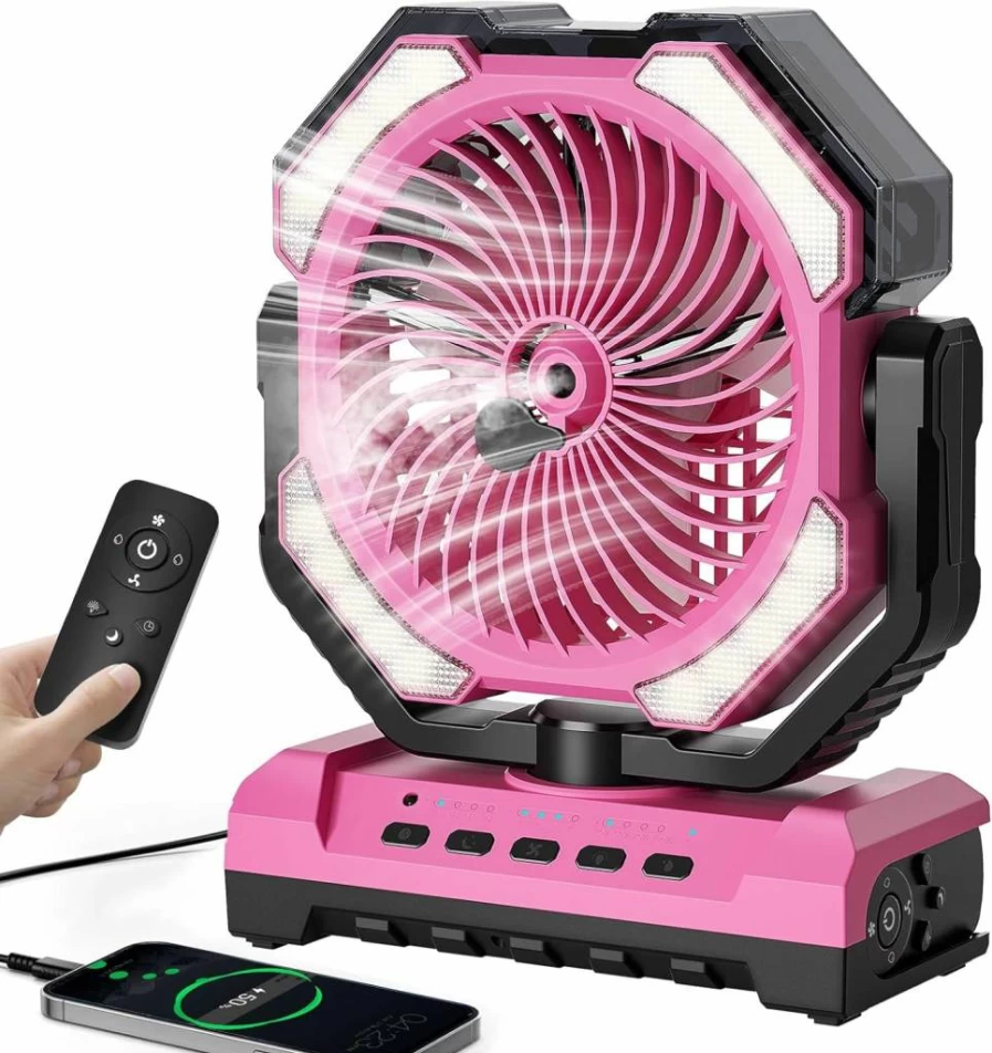 Covozon 20000mAh Portable Misting Fan with LED Light, USB Rechargeable Outdoor Camping Fan for Tents, Beach, Travel - 250mL Water Tank & Hook, Black