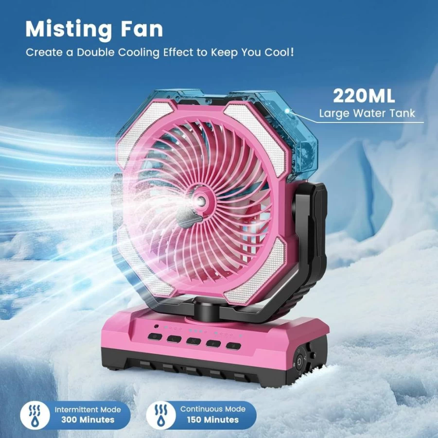 Covozon 20000mAh Portable Misting Fan with LED Light, USB Rechargeable Outdoor Camping Fan for Tents, Beach, Travel - 250mL Water Tank & Hook, Black