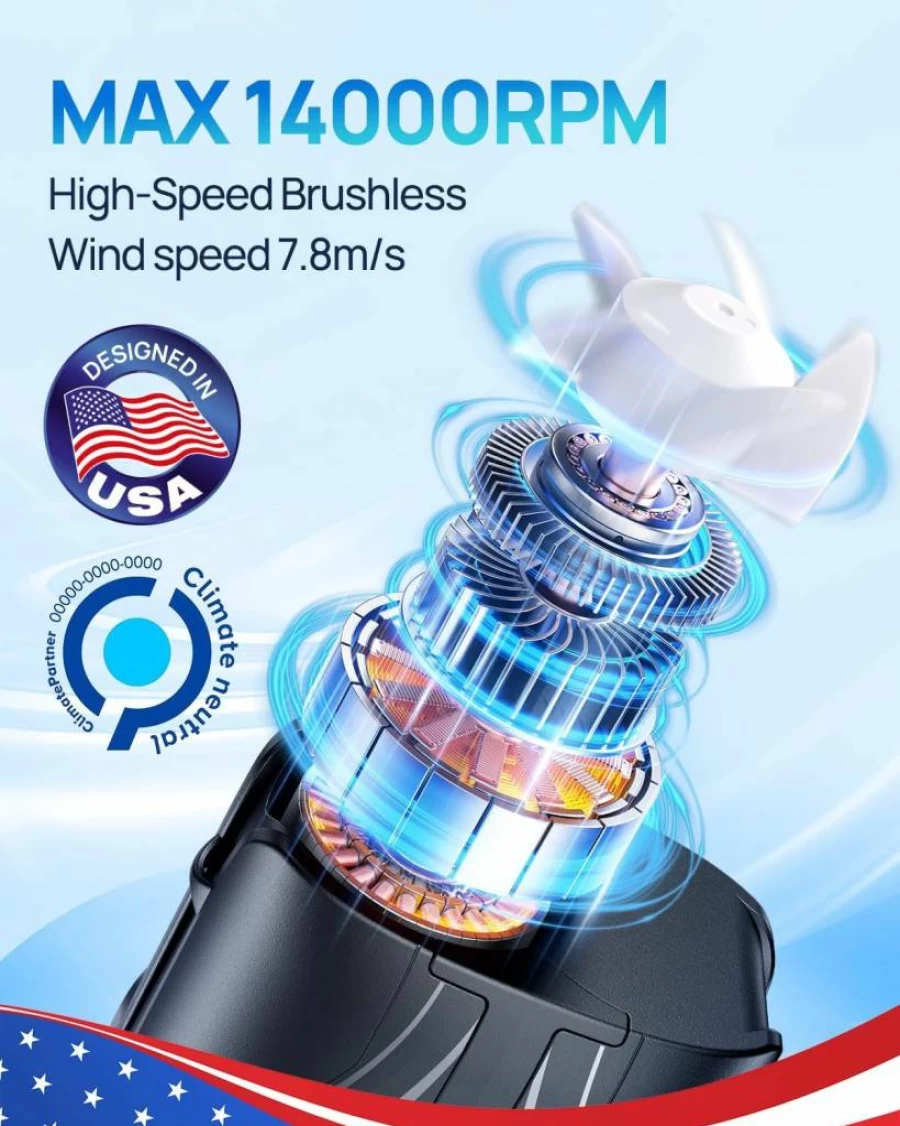 DeeKom 2025 Portable Neck & Waist Fan with 14000RPM Brushless Motor, 40H Rechargeable Battery, 6-Speed Quiet Cooling for Outdoor, Camping, Worksites - Clip-On Personal Fan