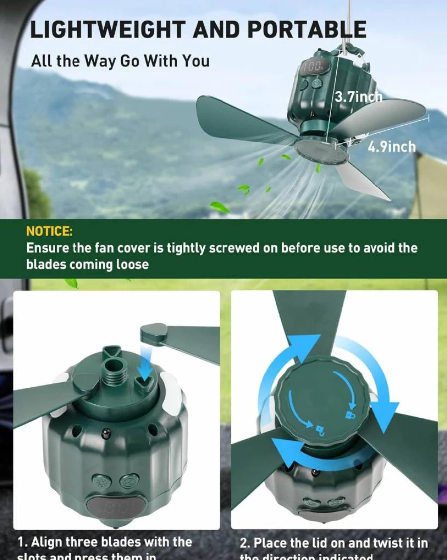 DUKUSEEK Portable Camping Fan with Remote Control, USB Rechargeable Battery, Hanging Hook for Tents, Outdoor Emergency Survival Gear, Power Bank Compatible