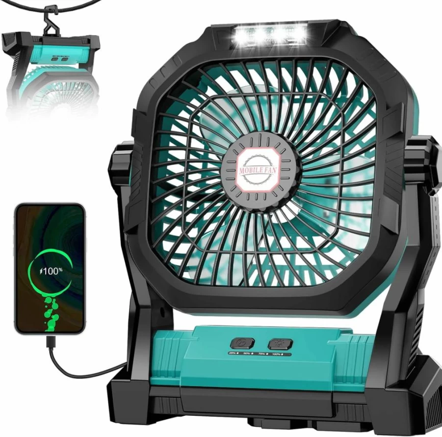 ROSHOPI 20000mAh Rechargeable Camping Fan with LED Light, 4-Speed Adjustable Portable Fan for Tent, Outdoor, Travel, Car, Indoor, BBQ, Fishing, Jobsite - Battery Powered Essentials