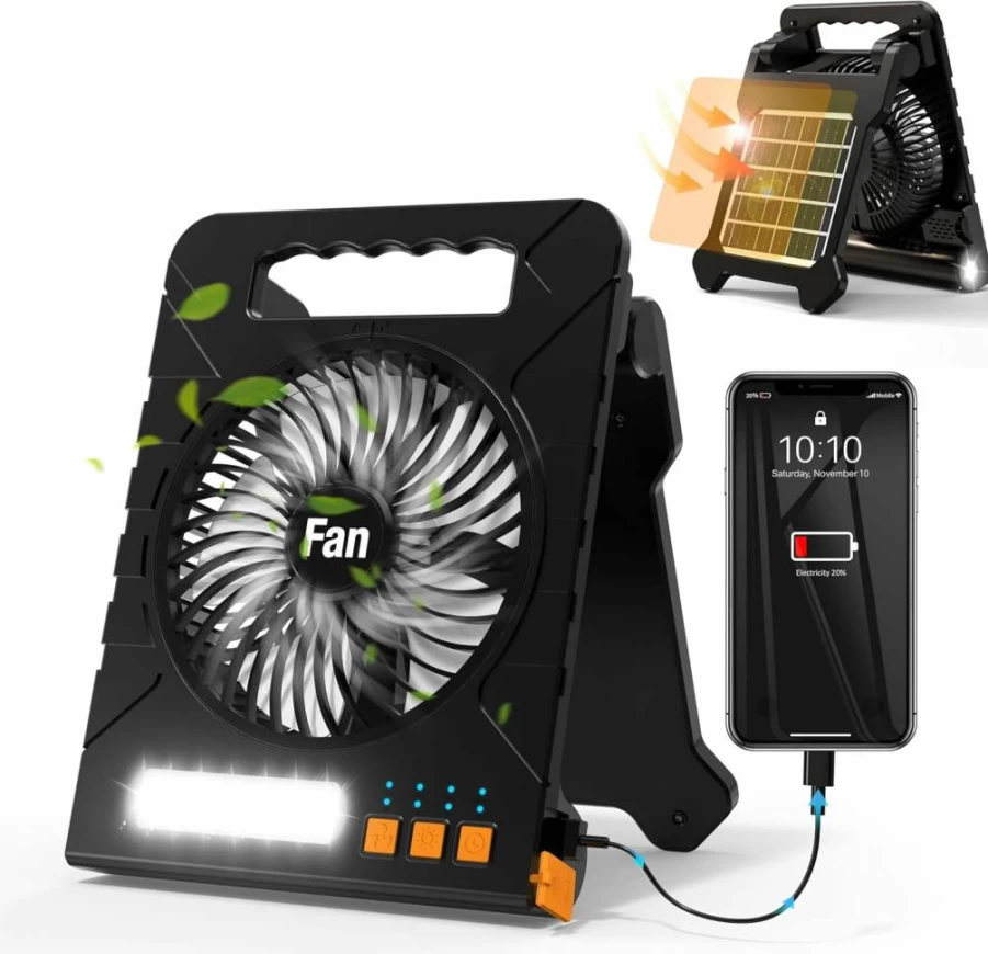 TrekkingLamb Solar Powered Camping Fan - 4000mAh Portable Table Fan with LED Lantern, Flashlight, 4 Speeds & Timers for Outdoor, Workbench, Picnic, Fishing, Emergency