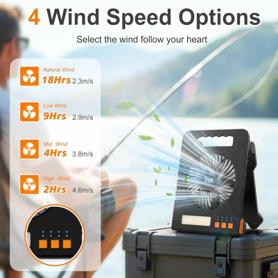 TrekkingLamb Solar Powered Camping Fan - 4000mAh Portable Table Fan with LED Lantern, Flashlight, 4 Speeds & Timers for Outdoor, Workbench, Picnic, Fishing, Emergency