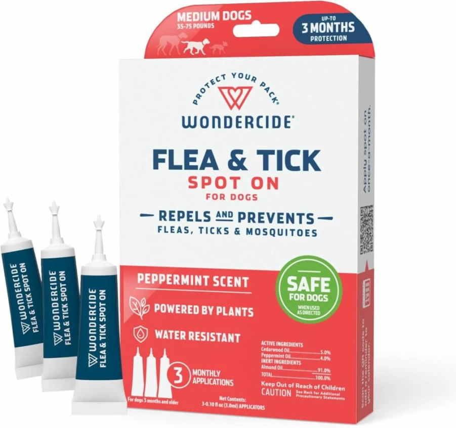 Wondercide Natural Flea & Tick Spot On for Dogs - Essential Oil Mosquito Repellent, 3-Month Protection, Medium Dogs, 3 Tubes (0.10 Oz Each)