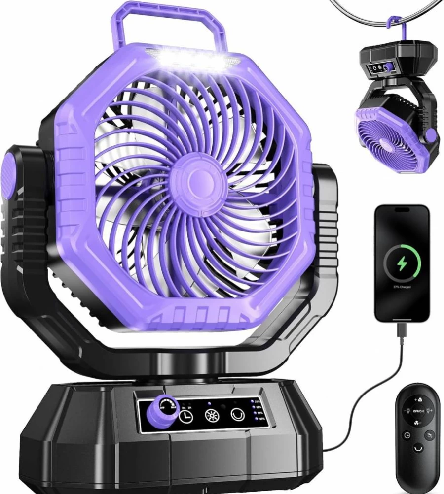 HAWANA Portable Rechargeable Camping Fan with 20000mAh Battery, 360° Airflow, Stepless Speed Control, 3 Timer Settings, Hanging Hook for Outdoor, Tent, BBQ, Fishing