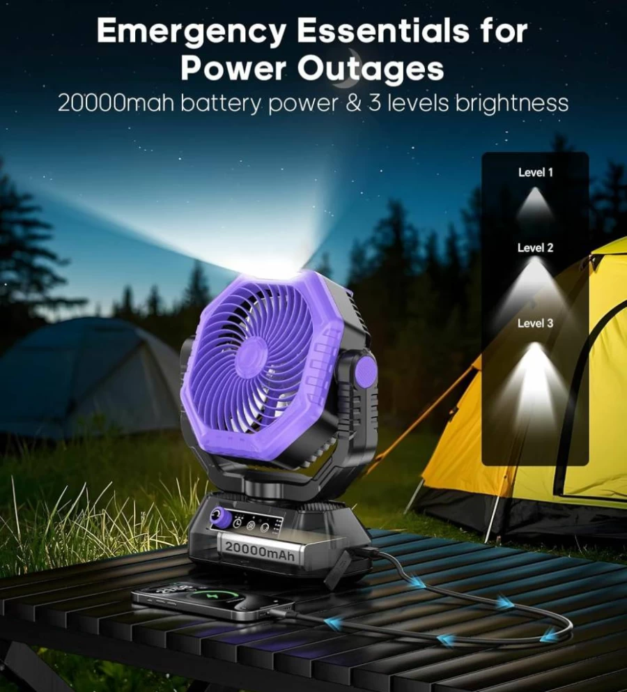 HAWANA Portable Rechargeable Camping Fan with 20000mAh Battery, 360° Airflow, Stepless Speed Control, 3 Timer Settings, Hanging Hook for Outdoor, Tent, BBQ, Fishing