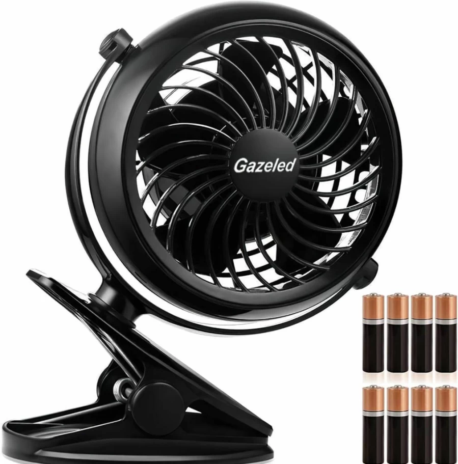 Gazeled 5-Inch Portable Battery Operated Clip Fan - Cordless Stroller, Camping, Bed & Car Fan with 8 Free AA Batteries, Ultra Quiet Personal Cooling Fan