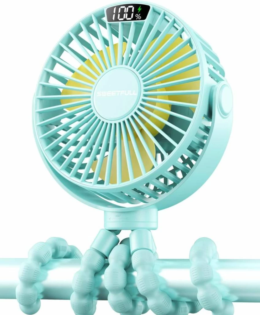 SWEETFULL Portable Stroller Fan with 4000mAh Battery, 4-Speed Rechargeable Clip-On Mini Fan for Baby Car Seat, Crib & Travel - Cyan Cooling Personal Fan