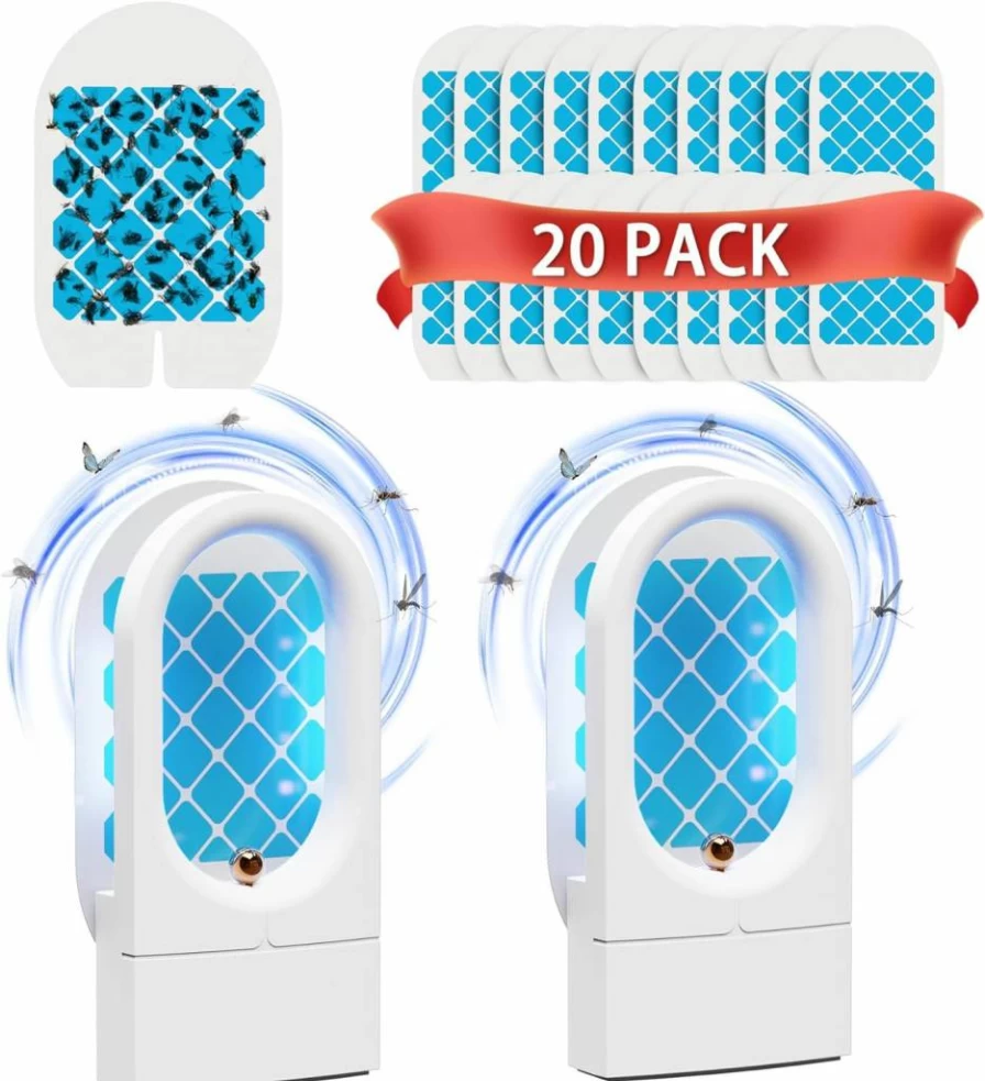 Wacieo 20Pcs UV LED Flying Insect Trap Glue Boards - Indoor Mosquito, Gnat, Moth, Fruit Fly Catcher for Home & Office - Sticky Bug Zapper with Attractant Light