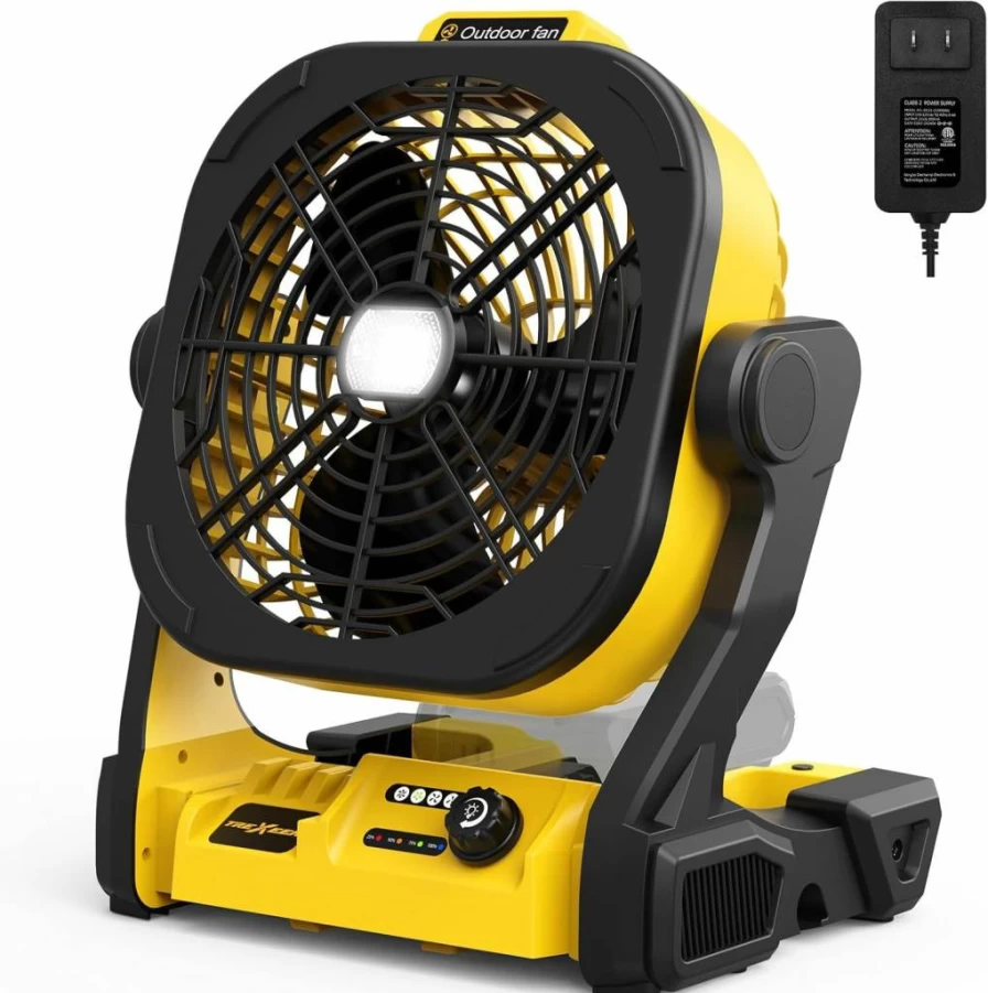 TREXEEN 20V Max Cordless Fan with AC Adapter, 4-Speed Portable Battery Powered Fan for Dewalt 20V Batteries, LED Lights & Hook, Outdoor Camping Jobsite Fan (Battery Not Included)