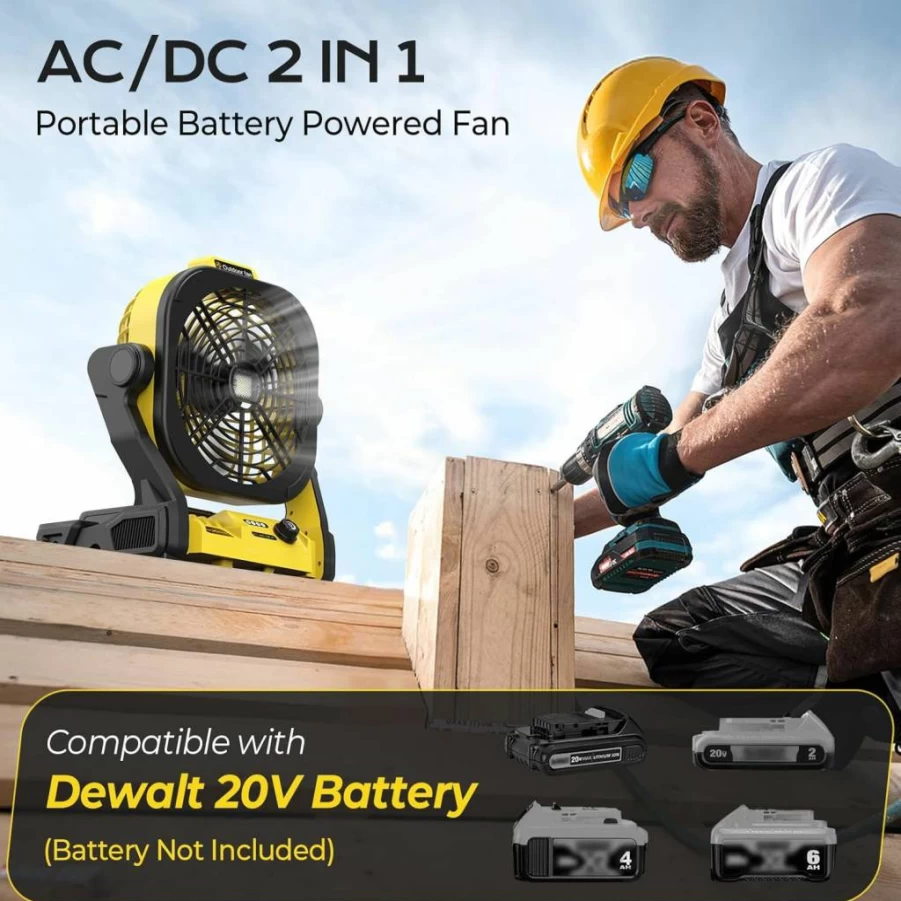TREXEEN 20V Max Cordless Fan with AC Adapter, 4-Speed Portable Battery Powered Fan for Dewalt 20V Batteries, LED Lights & Hook, Outdoor Camping Jobsite Fan (Battery Not Included)