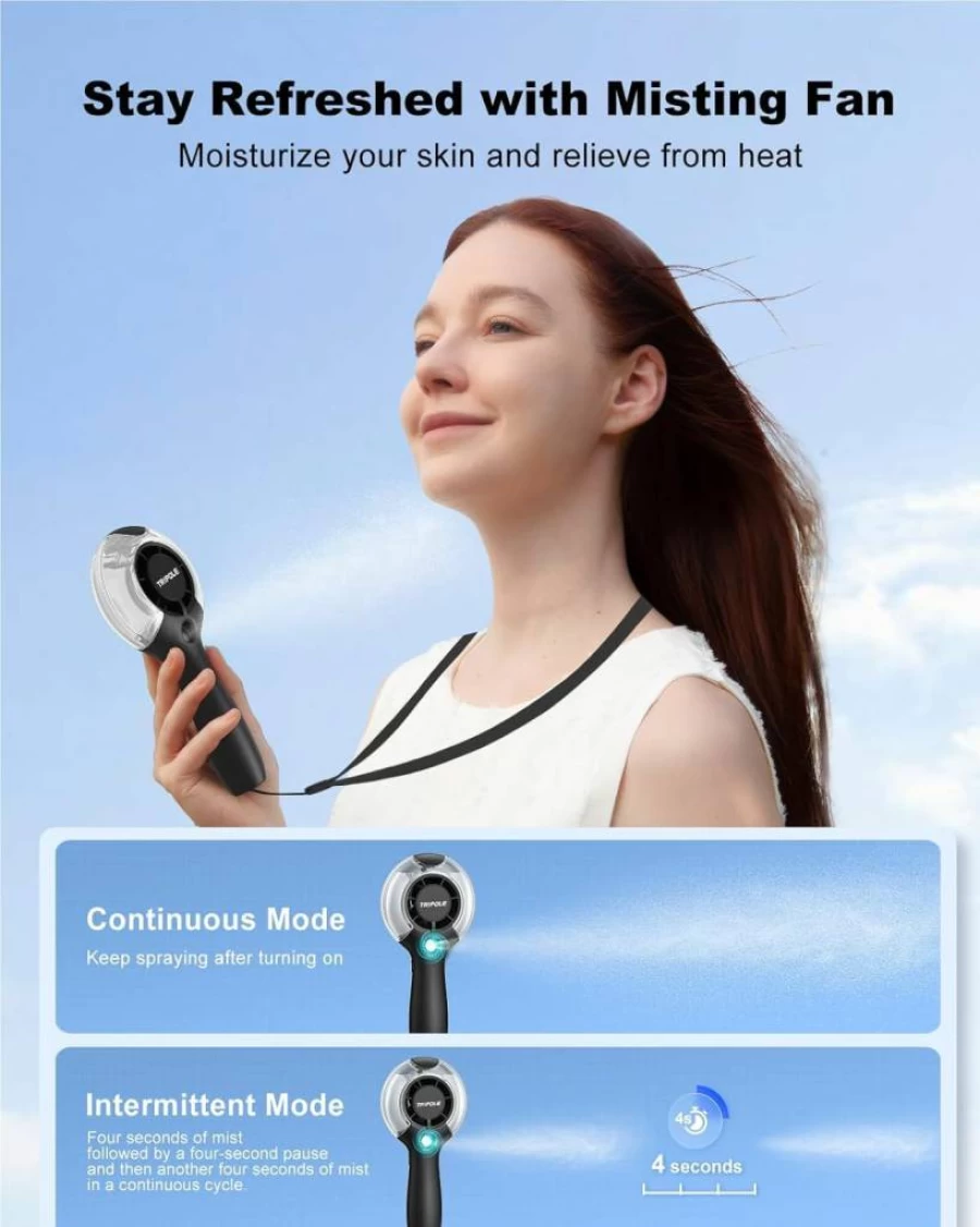 TriPole Portable Misting Fan - 4000mAh Rechargeable Handheld Fan with 40mL Water Tank, High-Speed Cooling for Outdoor, Travel, Beach, and Camping