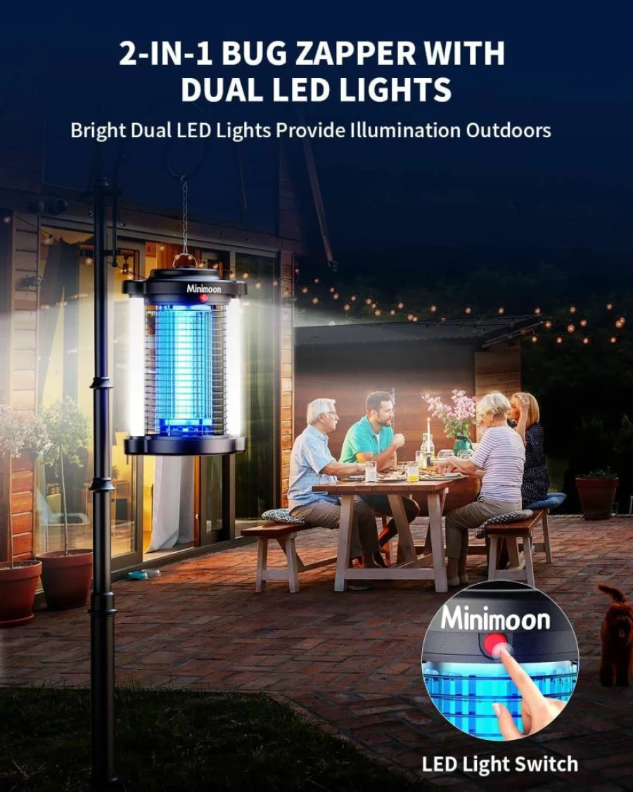 Minimoon Bug Zapper Outdoor - 4200V Electric Mosquito Trap with Dual LED Lights, 15W Fly Zapper, IPX4 Waterproof, 8.2Ft Cord for Yard, Backyard, Patio Insect Control