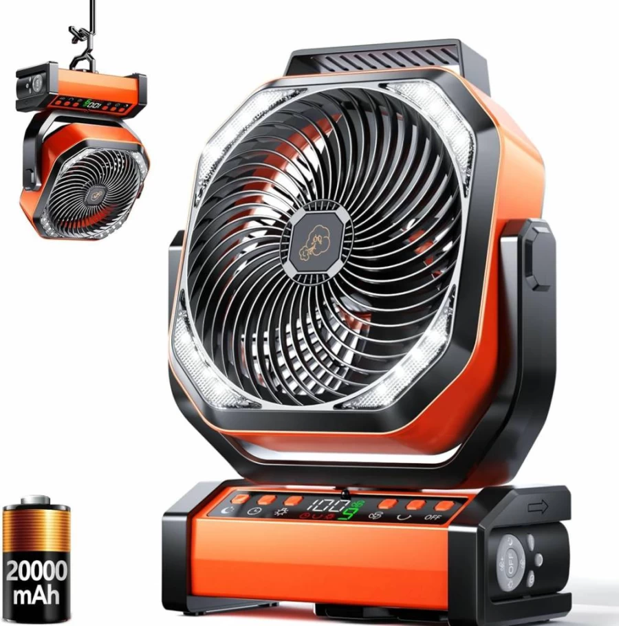 Doublepow 20000mAh Camping LED Fan with Light - 4 Speed Rechargeable Battery Powered Outdoor Tent Fan, USB Desk Fan for Fishing, Power Outage, Hurricane, Worksite, Portable Hanging Fan