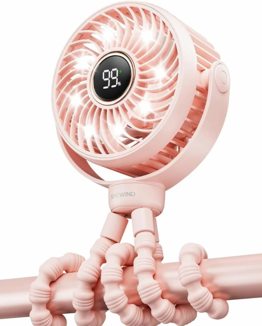 SHEWIND 4000mAh Rechargeable Stroller Fan - 4 Speed Portable Clip On Mini Fan for Baby Car Seat, Crib & Travel, Pink Cooling Fan