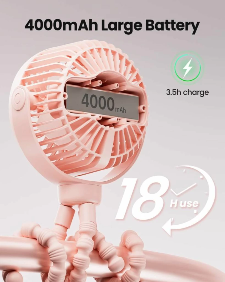 SHEWIND 4000mAh Rechargeable Stroller Fan - 4 Speed Portable Clip On Mini Fan for Baby Car Seat, Crib & Travel, Pink Cooling Fan