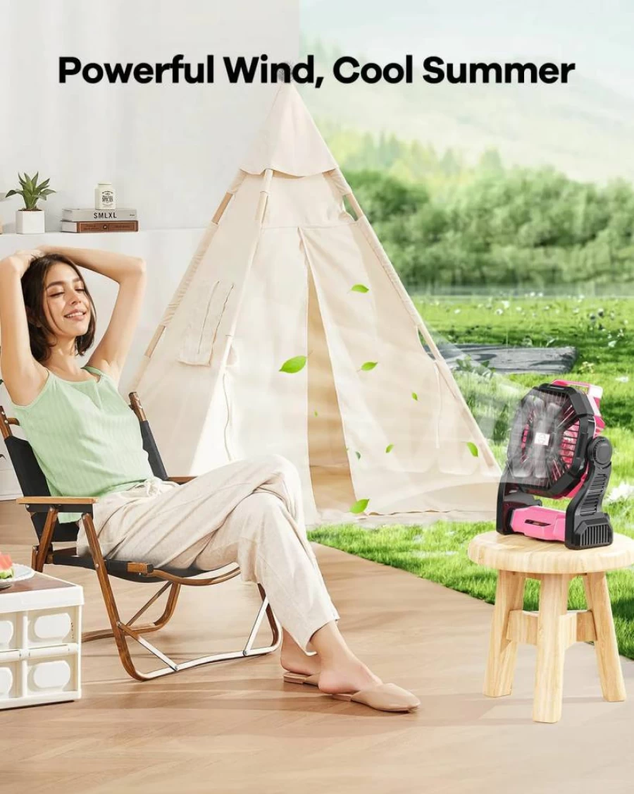 Art In Real 20000mAh Portable Camping Fan with LED Light - Rechargeable Outdoor Fan for Travel, Hiking, Beach, Office & Bedroom - Battery Powered Lantern Fan (Black)