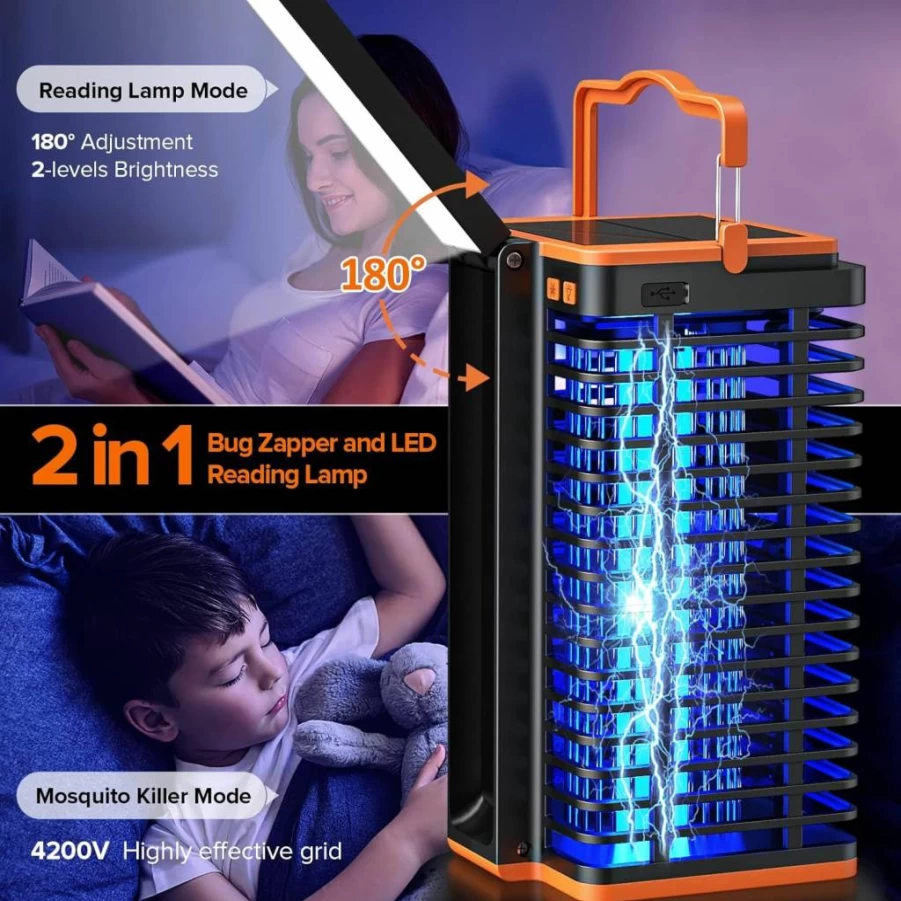 Kiies Solar-Powered Bug Zapper - 4200V Mosquito Killer for Indoor & Outdoor Use, Rechargeable 4000mAh Battery, Built-In Reading Lamp, Ideal for Home, Patio, Camping, Backyard (Cordless & Portable)
