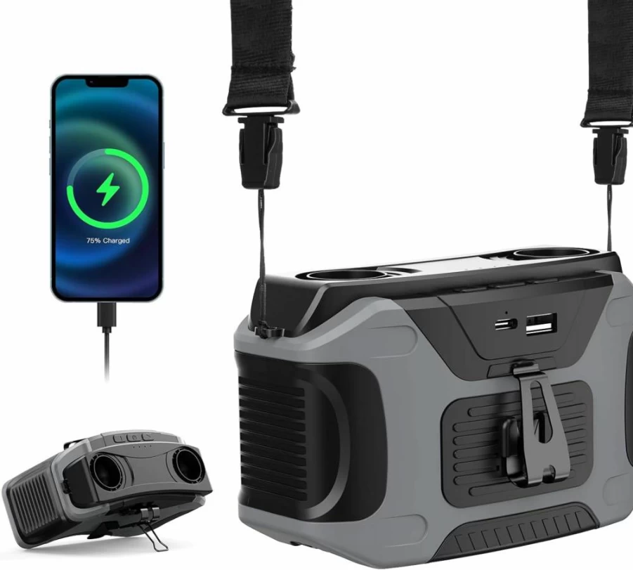 ROWXubau Portable Hands-Free Neck Fan - 16000RPM Strong Airflow, 5 Speed Settings, 10000mAh Rechargeable Battery, Built-in Flashlight & SOS Mode, Wearable Belt Fan for Camping, Travel, Work, Fishing