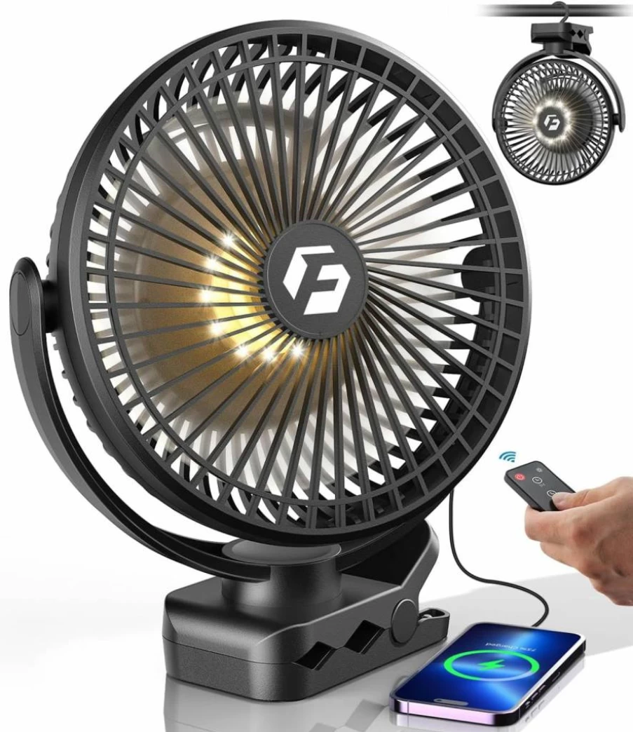 Korbot 8-Inch Portable Rechargeable Clip On Fan - 24000mAh Battery Operated Fan with Remote, LED, Timer, Hook - for Golf Cart, Office, Desk, Camping, Tent, Treadmill - Up to 150 Hours Runtime