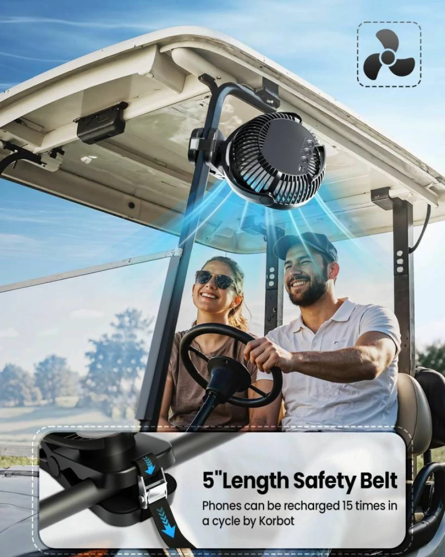 Korbot 8-Inch Portable Rechargeable Clip On Fan - 24000mAh Battery Operated Fan with Remote, LED, Timer, Hook - for Golf Cart, Office, Desk, Camping, Tent, Treadmill - Up to 150 Hours Runtime