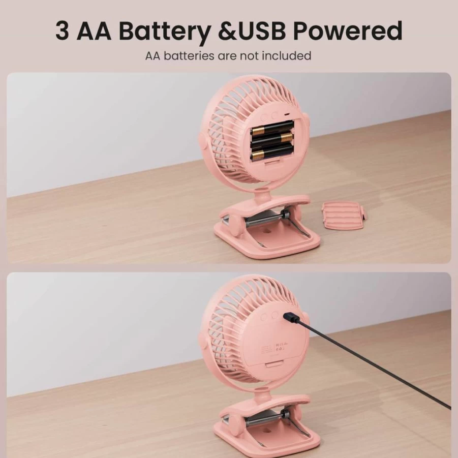 Shinebella 5-Inch Portable Clip-On Fan with 4 Speed Settings, USB/Battery Powered, 360° Rotation for Desk, Baby Stroller, Office, Car, and Camping - Quiet Personal Cooling Fan