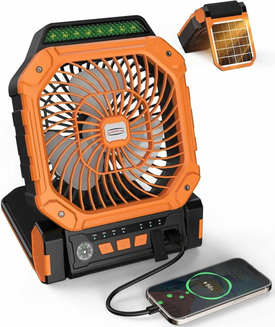Nhpoi Portable Rechargeable Solar Fan with LED Lantern - 4 Speed Remote Control, 3 Brightness Levels, 2/4/8H Timer for Camping, Travel, Outdoor, Tent & Bedroom Use
