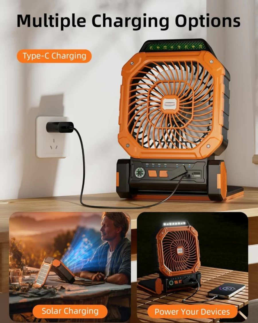 Nhpoi Portable Rechargeable Solar Fan with LED Lantern - 4 Speed Remote Control, 3 Brightness Levels, 2/4/8H Timer for Camping, Travel, Outdoor, Tent & Bedroom Use