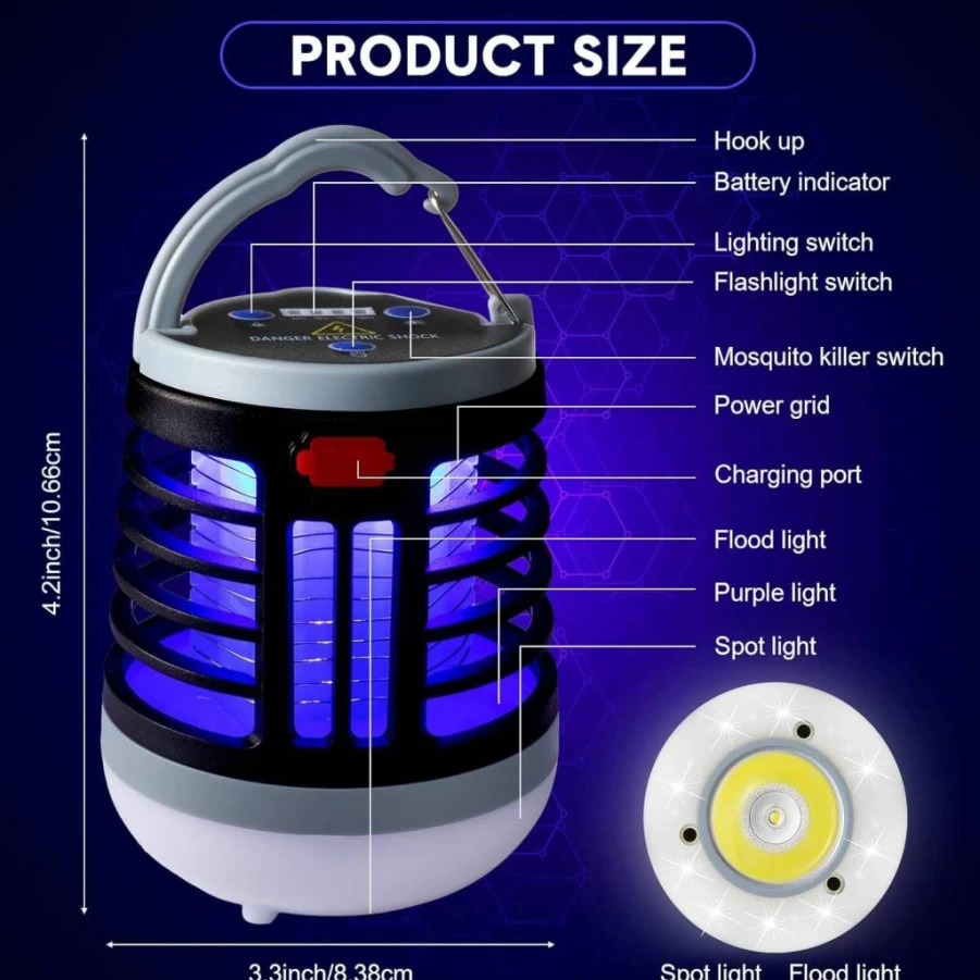 Kittmip 2-in-1 USB Rechargeable Mosquito Zapper & LED Camping Light - Waterproof Portable Bug Killer for Indoor/Outdoor, Backyard, Patio - Emergency SOS Light (Black)