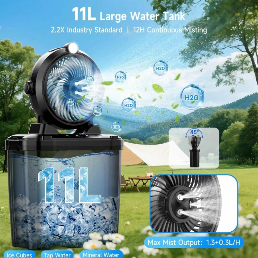 Serantzon Portable Misting Fan with 11L Water Bucket, 20000mAh Rechargeable Battery, 3 Speed Settings, 4 Spray Modes, Night Light, Waterproof Design for Outdoor, Camping, and Patio Cooling
