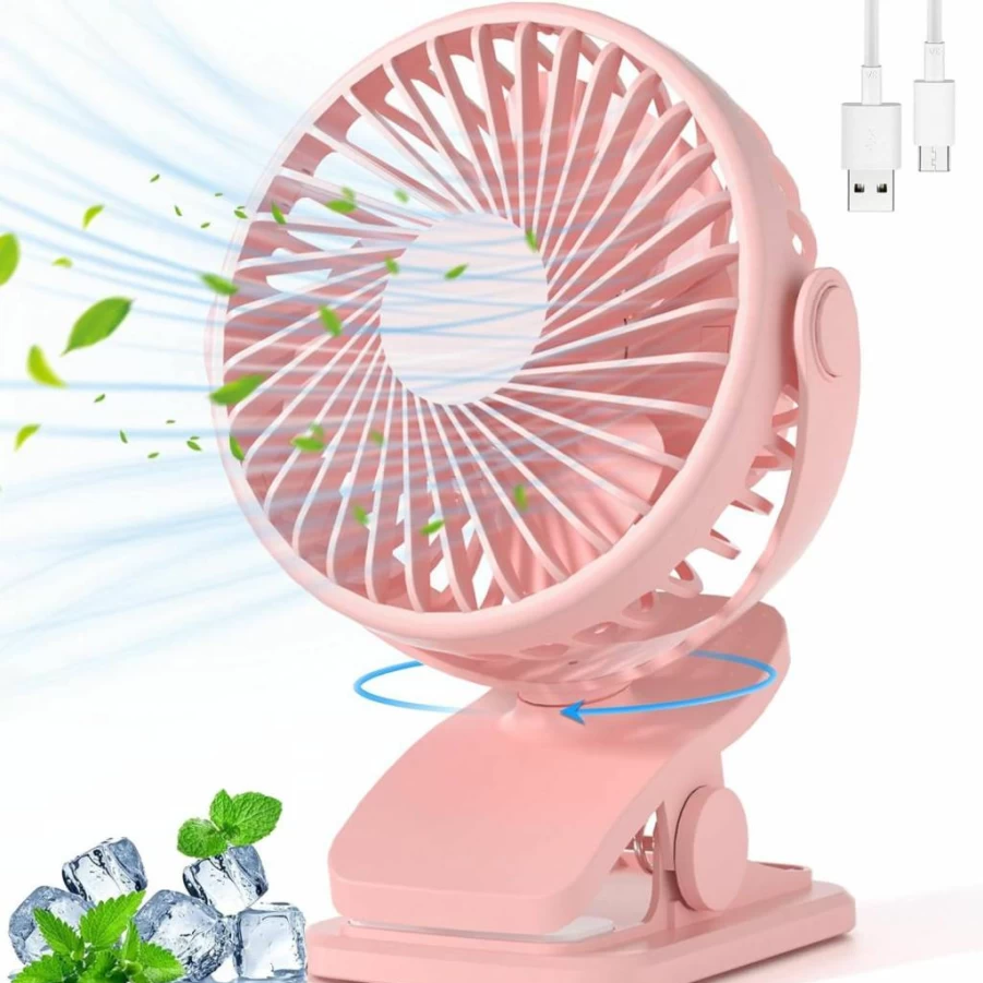BDXXJ Portable Clip On Fan - 360° Rotating, USB Rechargeable, 3-Speed Quiet Mini Desk Fan for Stroller, Camping, Office, Golf Cart, and Home Use