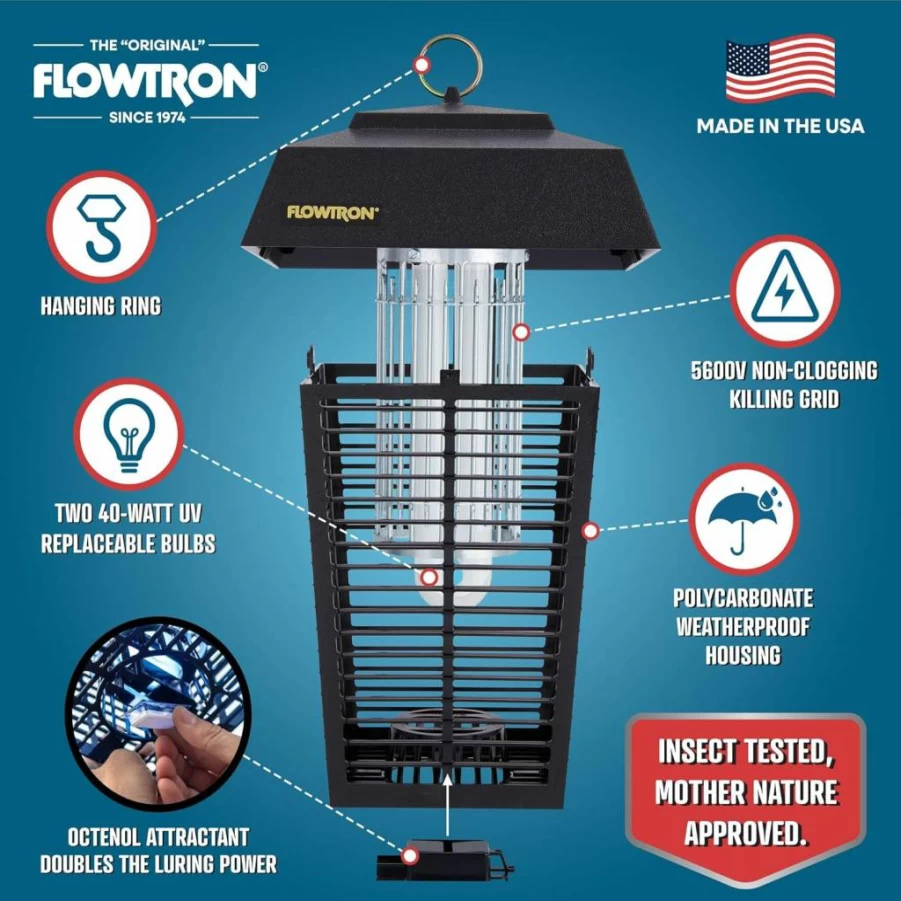 Flowtron 80W Electric Bug Zapper for Outdoor Use - 1.5 Acre Coverage, 5600V Grid for Instant Mosquito & Fly Control - Made in USA
