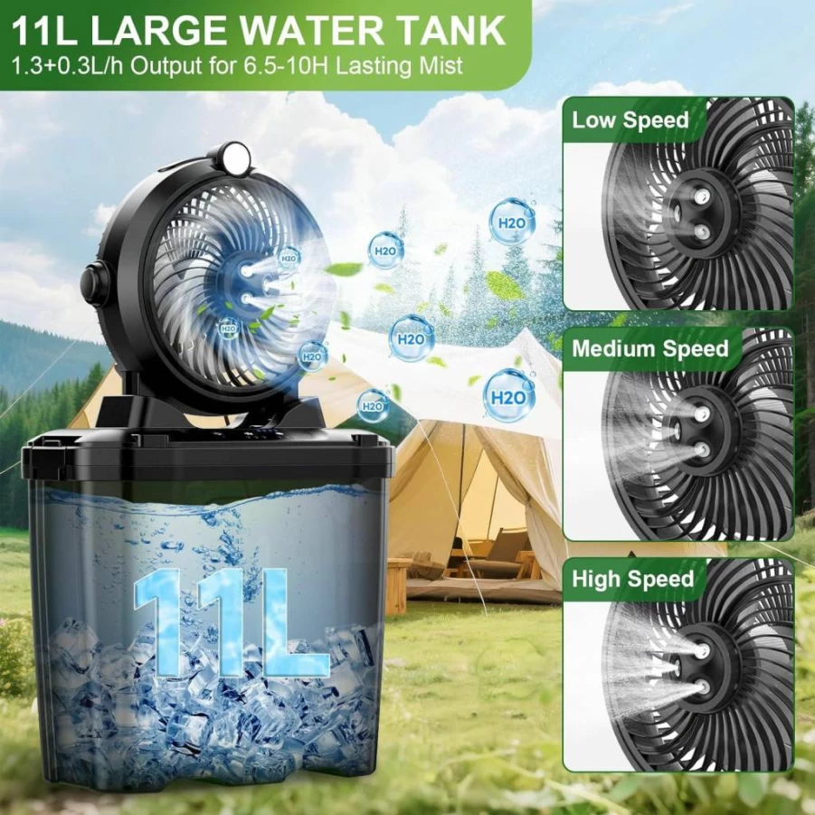 Noxozoqm 11L USB Rechargeable Portable Misting Fan - 20000mAh Battery, 3 Spray Nozzles, 3 Speed Settings, Hanging & Lighting for Camping, Patios, Outdoor Activities