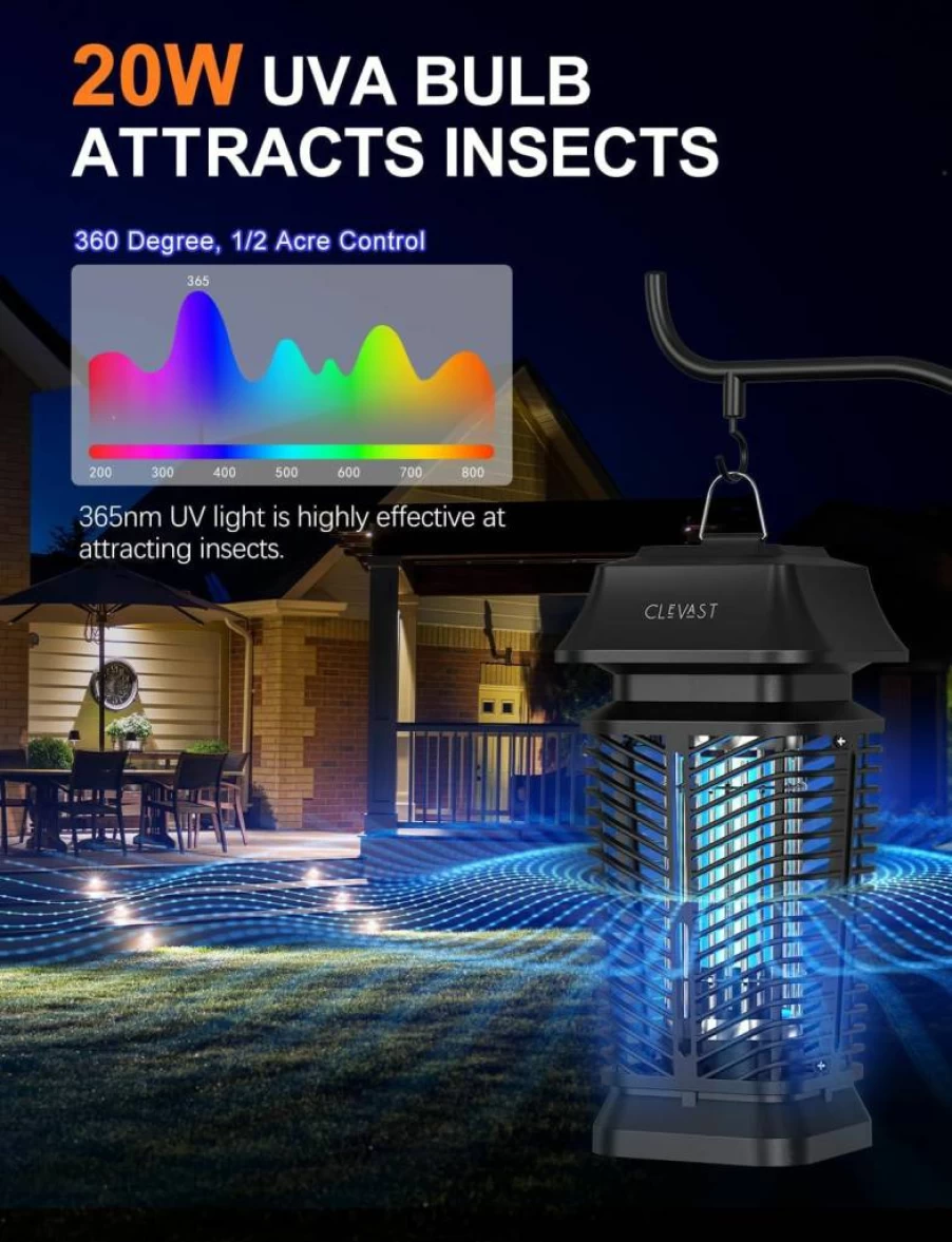 CLEVAST Electric Bug Zapper - Outdoor/Indoor Mosquito Killer Lamp with UV LED Light, Waterproof Insect Trap for Patio, Yard, Garden - Modern Black Fly Zapper