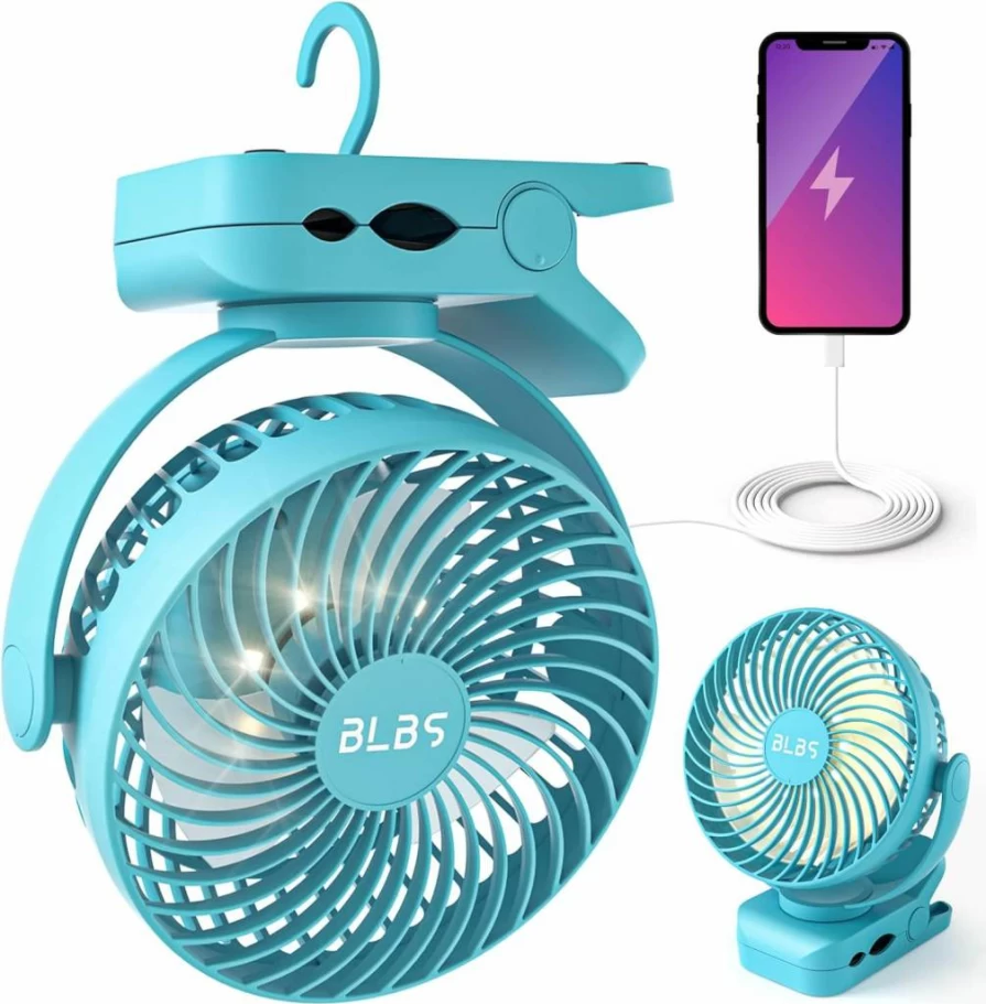 BLBS Clip On Rechargeable Camping Fan with LED Light - 12000mAh Battery, 65Hrs Runtime, Portable USB Desk Fan for Tent, Golf, Stroller, Travel - Blue