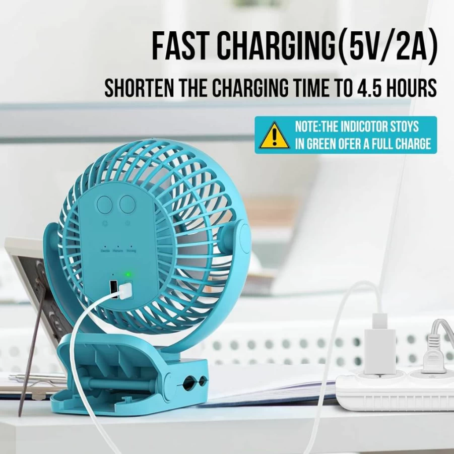 BLBS Clip On Rechargeable Camping Fan with LED Light - 12000mAh Battery, 65Hrs Runtime, Portable USB Desk Fan for Tent, Golf, Stroller, Travel - Blue