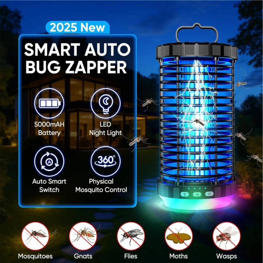 CreateFun 5000mAh Rechargeable Bug Zapper Outdoor - 4000V Waterproof Mosquito Killer with LED Night Light for Patio, Backyard, Garden (2025 Upgraded 3-in-1 Cordless Design) Black
