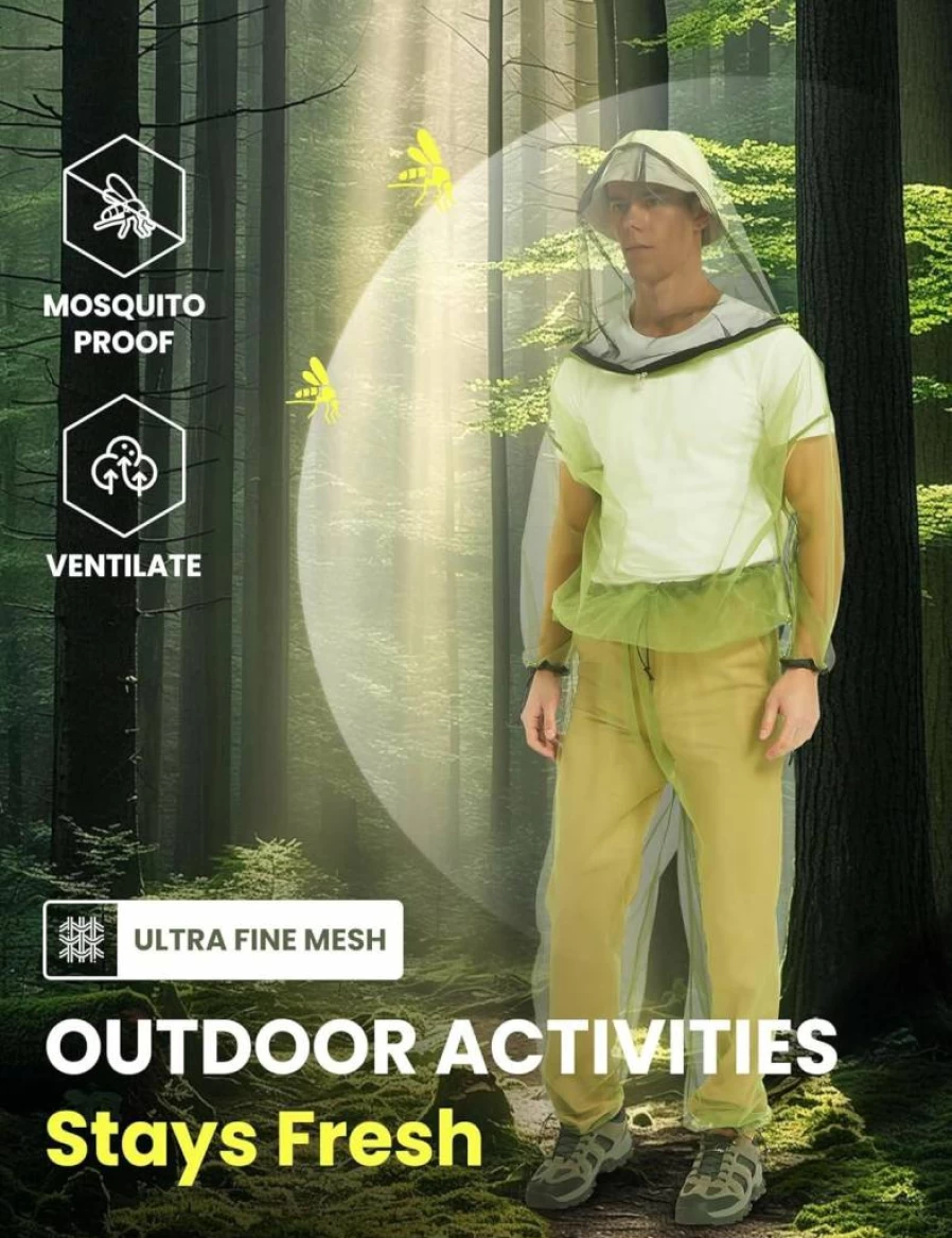 HENNCHEE Mosquito Proof Suit for Adults - Full Body Bug Jacket & Pants Set with Hooded Mesh Net for Outdoor Protection