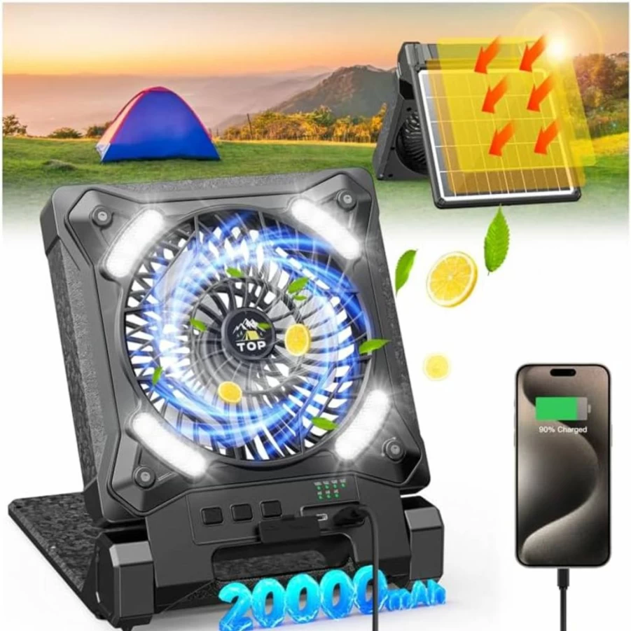 DOWILLDO 10400mAh Portable Solar Camping Fan with LED Lantern - Rechargeable Battery Powered Travel Fan for Beach, Hiking, Hurricane Emergencies & Worksite Cooling (Black)